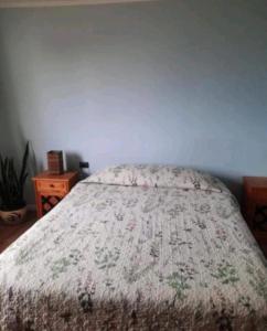 Un dormitorio con una cama con una manta. en loft vista a la bahía en Valparaíso