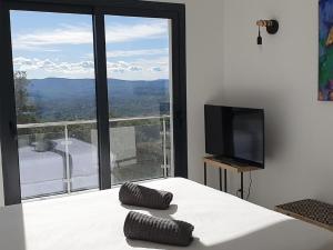 um quarto com uma cama e uma grande janela em Architectural villa with swimming pool em Lorgues