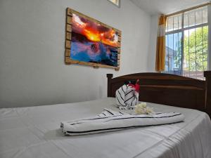 a bed with a towel sitting on top of it at Lovely Inn in San Cristobal