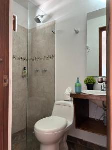 a bathroom with a toilet and a shower and a sink at Casa Hotel El Encanto de Villa in Villa de Leyva