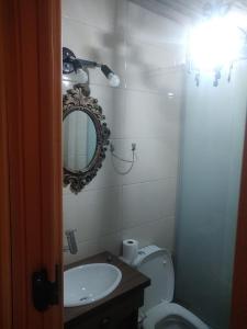 a bathroom with a sink and a mirror and a toilet at Apartamento do lago in Gramado