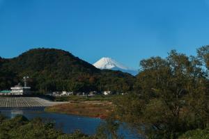 a mountain in the distance with a river and trees at Sanyo-so in Izunokuni