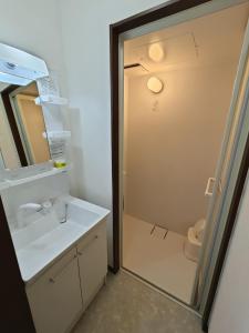 a bathroom with a sink and a shower at Biei Snow House - Vacation STAY 14827 in Biei