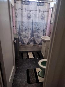 baño con aseo y cortina de ducha con la torre Eiffel en Clearviewpeace, en Paterson