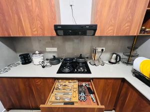 a kitchen counter top with a stove and a counter sidx sidx sidx at Sky Elixia in Colombo