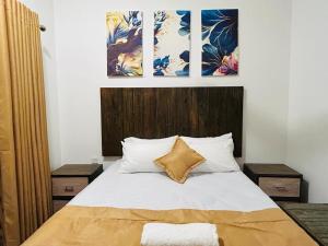 a bedroom with a bed with three paintings on the wall at Sky Elixia in Colombo