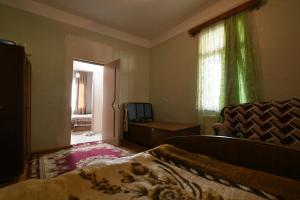 ein Schlafzimmer mit einem Bett, einem Fenster und einem Sofa in der Unterkunft Nika house in Zqaltubo