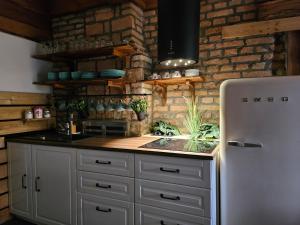 uma cozinha com um frigorífico e uma parede de tijolos em Hiša stare mame em Kamnik