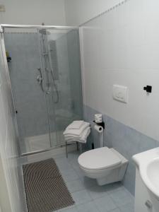 ein Bad mit einer Dusche, einem WC und einem Waschbecken in der Unterkunft B&B villamariascauri in Scauri