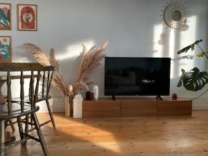 a living room with a flat screen tv on a wooden entertainment center at Unbelievable golden horn view in Beyoglu in Istanbul