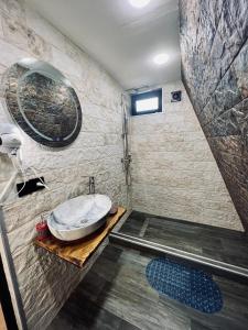 a bathroom with a sink and a shower at Arsha View in Stepantsminda