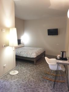 - une chambre avec un lit, une table et une chaise dans l'établissement Piccolo Hotel Olina, à Orta San Giulio
