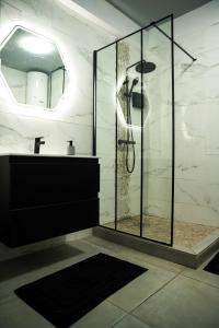 a bathroom with a shower with a sink and a mirror at L'élégance citadine in Cayenne