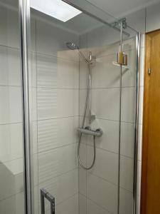 a shower with a glass door in a bathroom at Ferienwohnung Klee in Neheim-Hüsten +10 photos