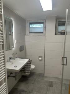 La salle de bains est pourvue d'un lavabo et de toilettes. dans l'établissement Ferienwohnung Klee, à Arnsberg