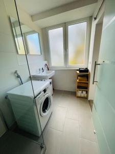 uma casa de banho com uma máquina de lavar roupa e um lavatório em Studio-Apartment nahe Zentrum em Pforzheim