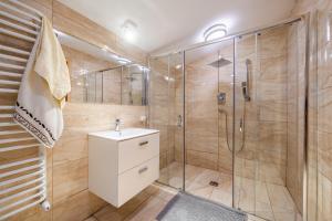 a bathroom with a shower and a sink at Pokoje z widokiem na góry i Prywatny Domek z zadaszoną altaną - grillem i ogniskiem. in Zakopane +65 photos