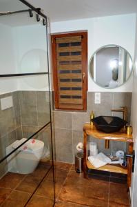 a bathroom with a toilet and a sink and a mirror at Casa cu Magnolii in Poienile Izei