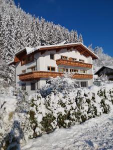 a building in the snow with snow covered trees at Apart Dahuam in Aschau