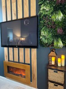 a fireplace in a living room with a tv at Botanica @ The.Villas.Newcastle in Elswick