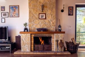 sala de estar con chimenea y pared de piedra en Blue Lake House, en Ferreira do Zêzere
