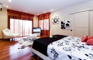 1 dormitorio con 1 cama, 1 silla y TV en New Play Lake Villa en Salou