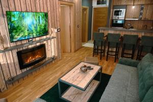 a living room with a fireplace and a flat screen tv at Apartman Knez 2 in Zlatibor