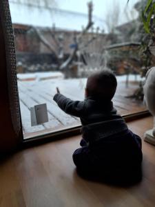 un bebé sentado en el suelo mirando por una ventana en Santos Lugares Cabañas en Junín de los Andes