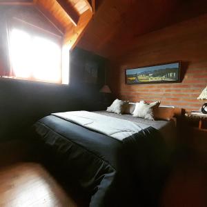ein Schlafzimmer mit einem Bett in einem Zimmer mit einem Fenster in der Unterkunft Santos Lugares Cabañas in Junín de los Andes