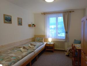 Cette chambre comprend 2 lits et une fenêtre. dans l'établissement Apartments Ľubka, à Zuberec