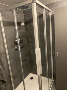 a shower with a glass door in a bathroom at Magnifique studio à Anzère avec vue sur les montagnes in Anzère +10 photos