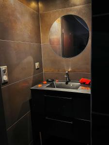 ein Bad mit einem Waschbecken und einem Spiegel in der Unterkunft Le Confiden'spa Loft 55m2 Jacuzzi - Billard - Cheminée - Terrasse in Hoenheim