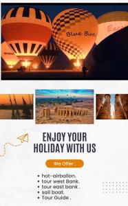 een flyer voor een vakantie met een heteluchtballon bij SWEET HOSTEL LUXOR in Luxor