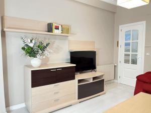a living room with a entertainment center with a television at Magnifico Alojamiento Con Encanto En El Centro in Santander +38 photos
