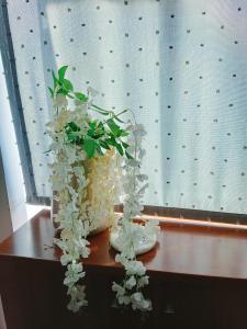 two vases with white flowers on a wooden table at Mary cozy house in Athens