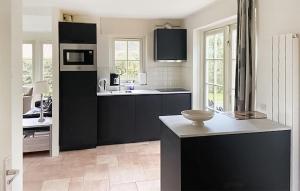 een keuken met zwarte kasten en witte apparaten bij Buitengoed Het Lageveld- 68 in Hoge-Hexel