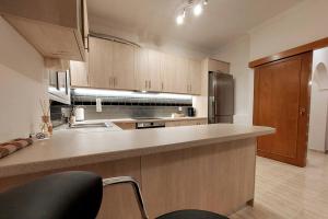 a large kitchen with a counter and a refrigerator at Apartment in Karellas near the airport in Paianía