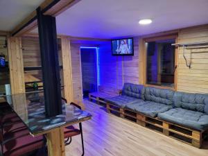 a living room with a couch and a tv at Cabana Rosie in Vartop