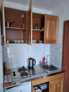 a kitchen with a stove and a sink and cabinets at Apartmani "DA HOX" Vlašić 1 in Vlasic