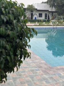 ein Schwimmbad mit einem Haus im Hintergrund in der Unterkunft Inara Farms in Lucknow