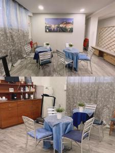 deux photos d'un restaurant avec des tables et des chaises dans l'établissement HOTEL BISSI, à Milan