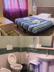 two pictures of a bathroom with a bed and a sink at HOTEL BISSI in Milan