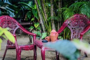 twee rode stoelen en een tafel met een vaas erop bij Green Grass Homestay in Sigiriya