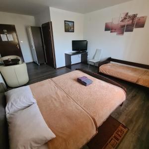 a hotel room with two beds and a television at Guesthouse Kod mosta in Karlovac