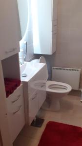 een badkamer met een witte wastafel en een toilet bij Huone Seesteisessä Mummolassa in Kalajoki