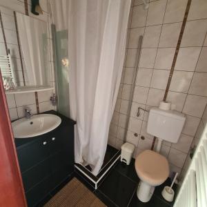 a small bathroom with a toilet and a sink at Guesthouse Kod mosta in Karlovac