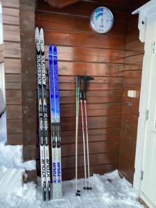 un groupe de skis et de bâtons de ski penche contre un mur dans l'établissement Vrådal Panorama, à Sinnes