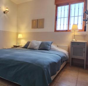 una camera da letto con un letto con lenzuola blu e due lampade di Todos Y Tonya ad Archidona