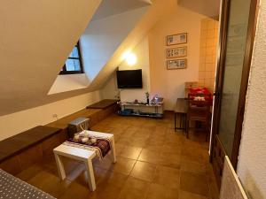 ein Wohnzimmer mit einem Sofa und einem TV in der Unterkunft Apartamento esqui montaña Cofiñal in Cofiñal