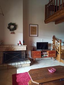 een woonkamer met een open haard en een televisie bij Helmos Mountain Retreat in Zarouhla